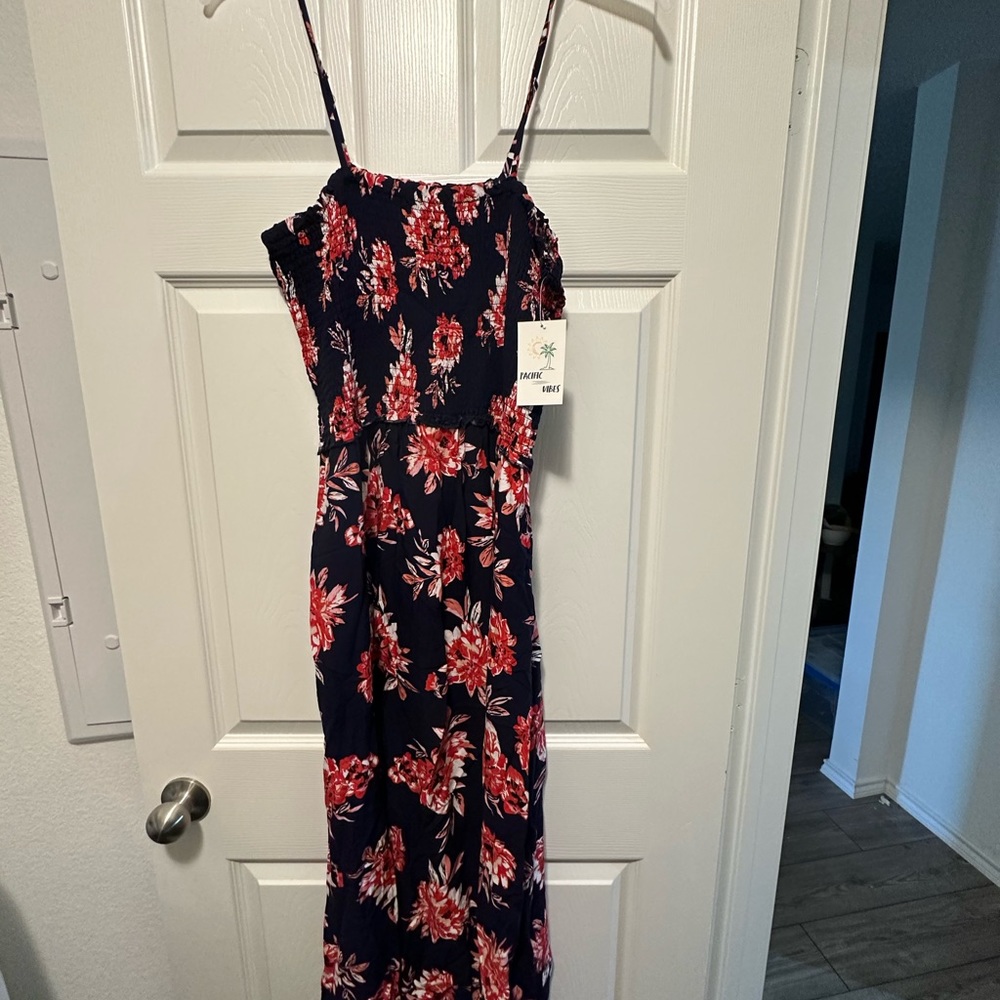 Pacific Vibes Floral Navy and Red Slit Dress Sizes: XL,  XXL. NWT
